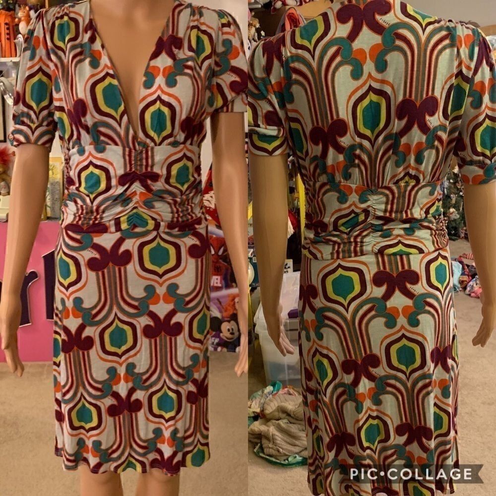 T-bags Button Sleeve Ruched Waist Rayon Dress XS